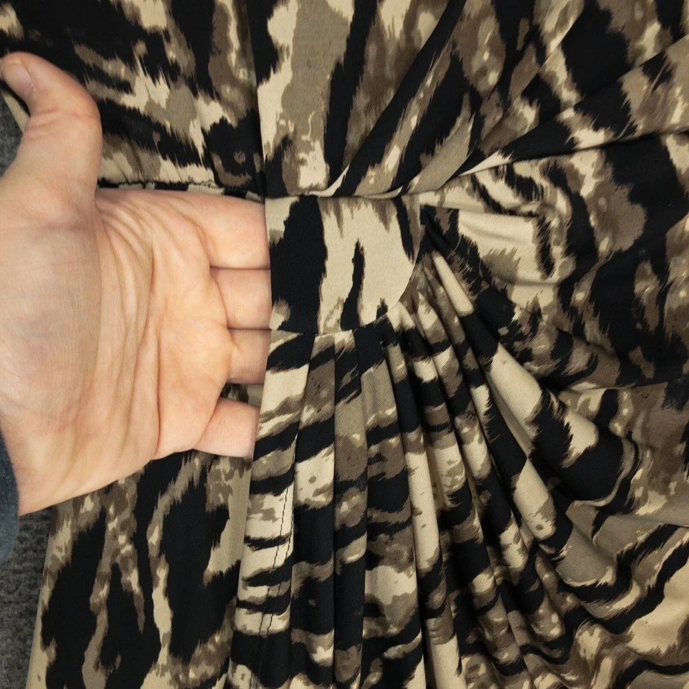 Dressbarn Tiger Print Faux Wrap Dress Women's 10 Half Sleeve Knee Length Rouched